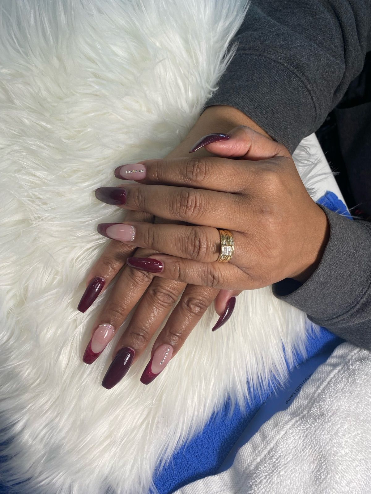 Burgundy coffin nails with nude and burgundy French accents
