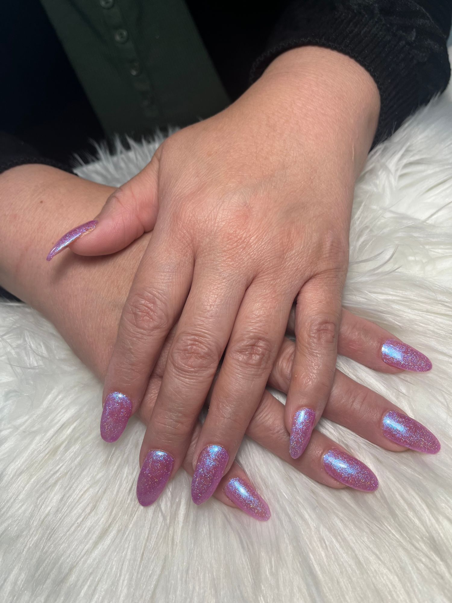 Long lavender holographic glitter almond nails