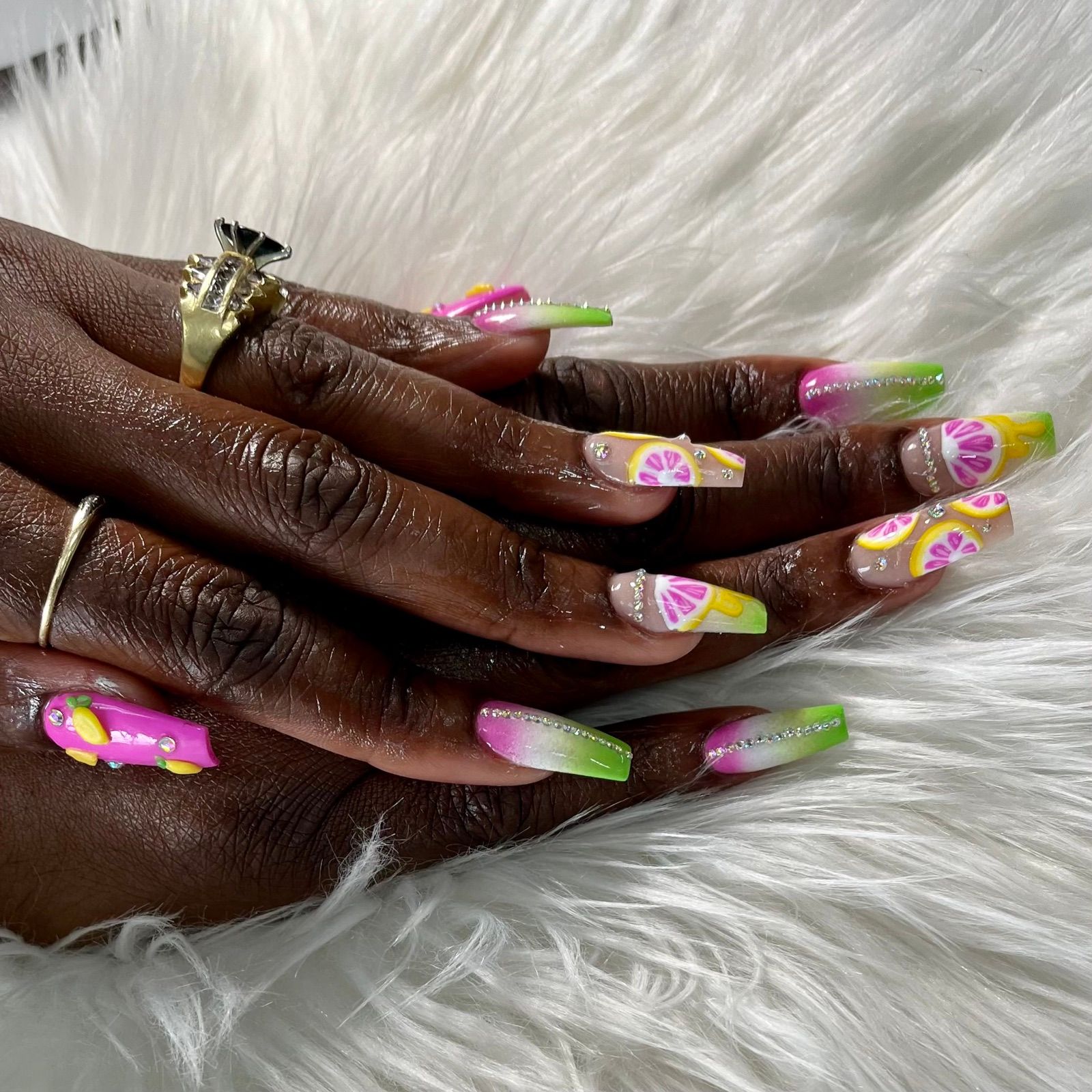 Long pink and lime ombre coffin nails with hand-painted citrus slices