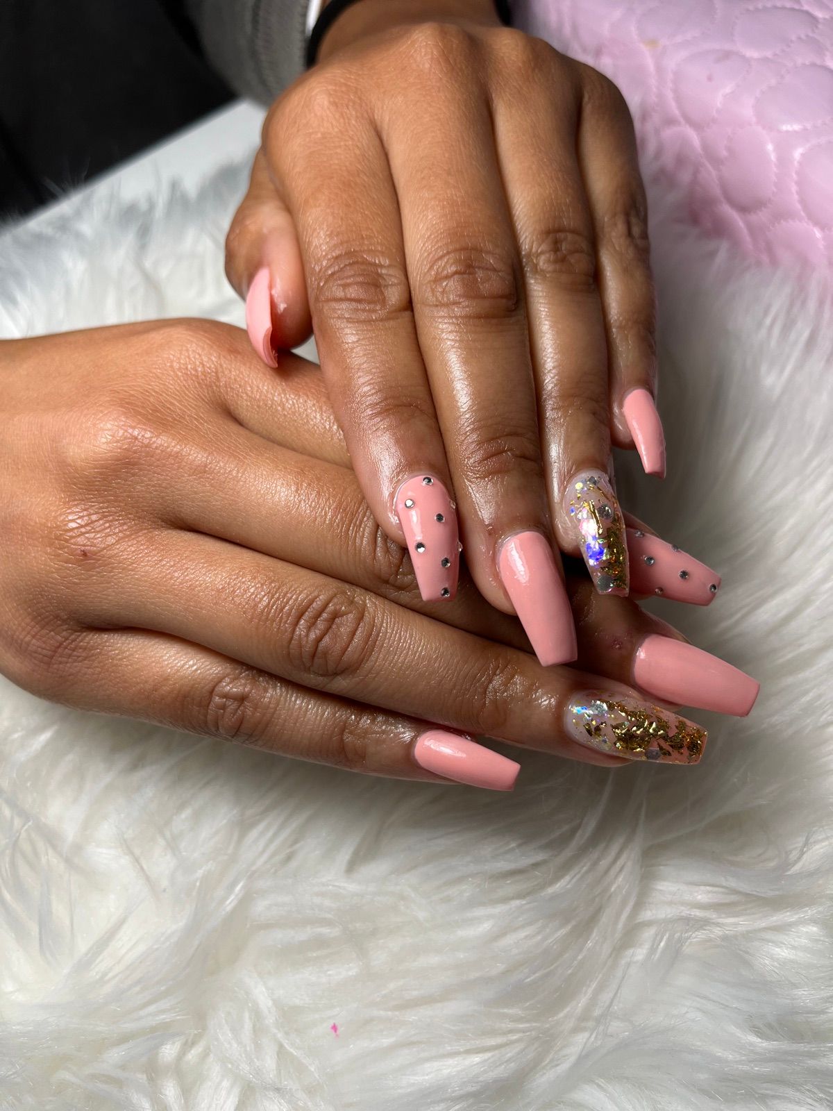 Peach pink coffin nails with black polka dots, gold foil and rhinestones