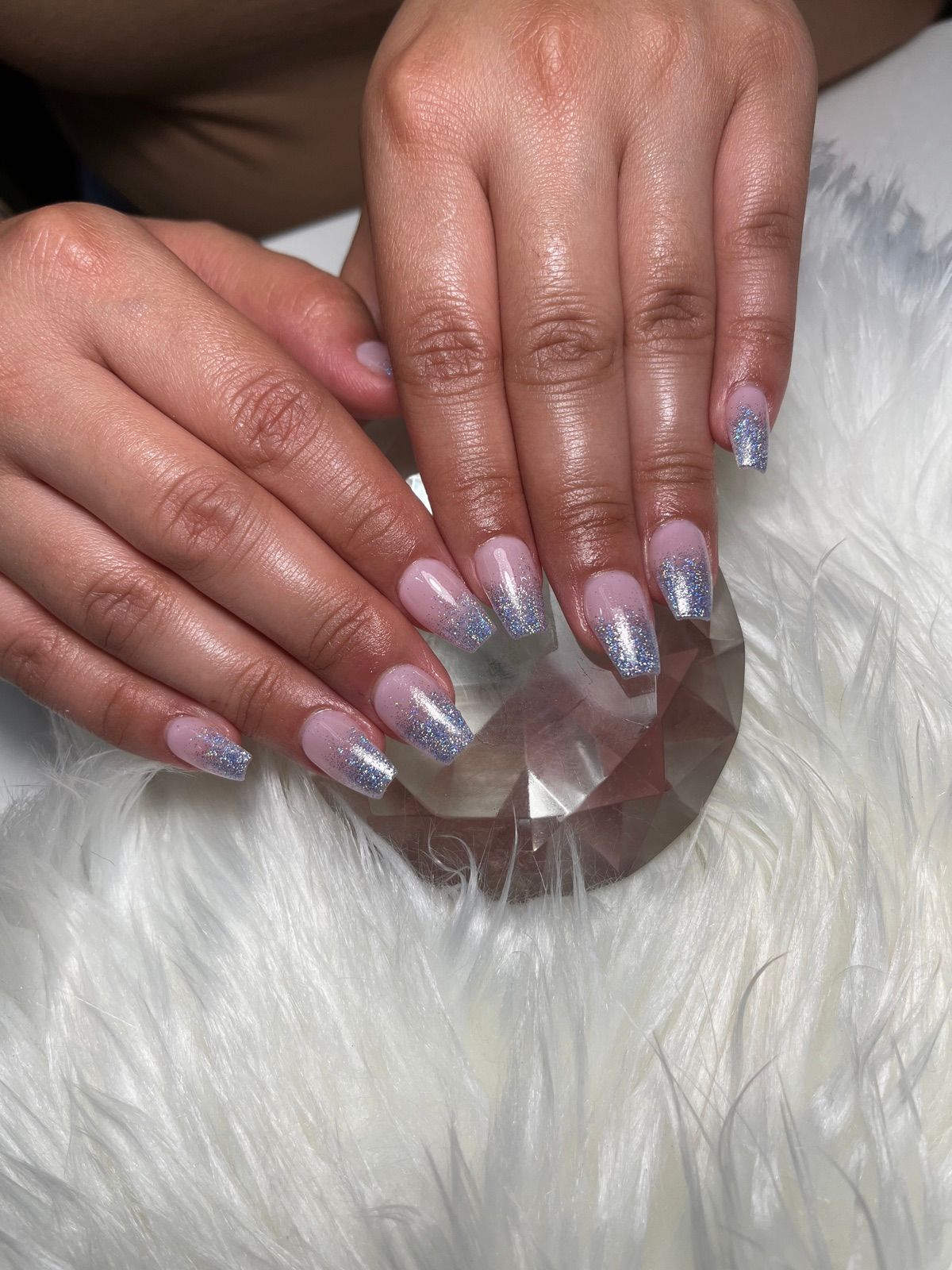 Short pink to silver glitter ombre square nails