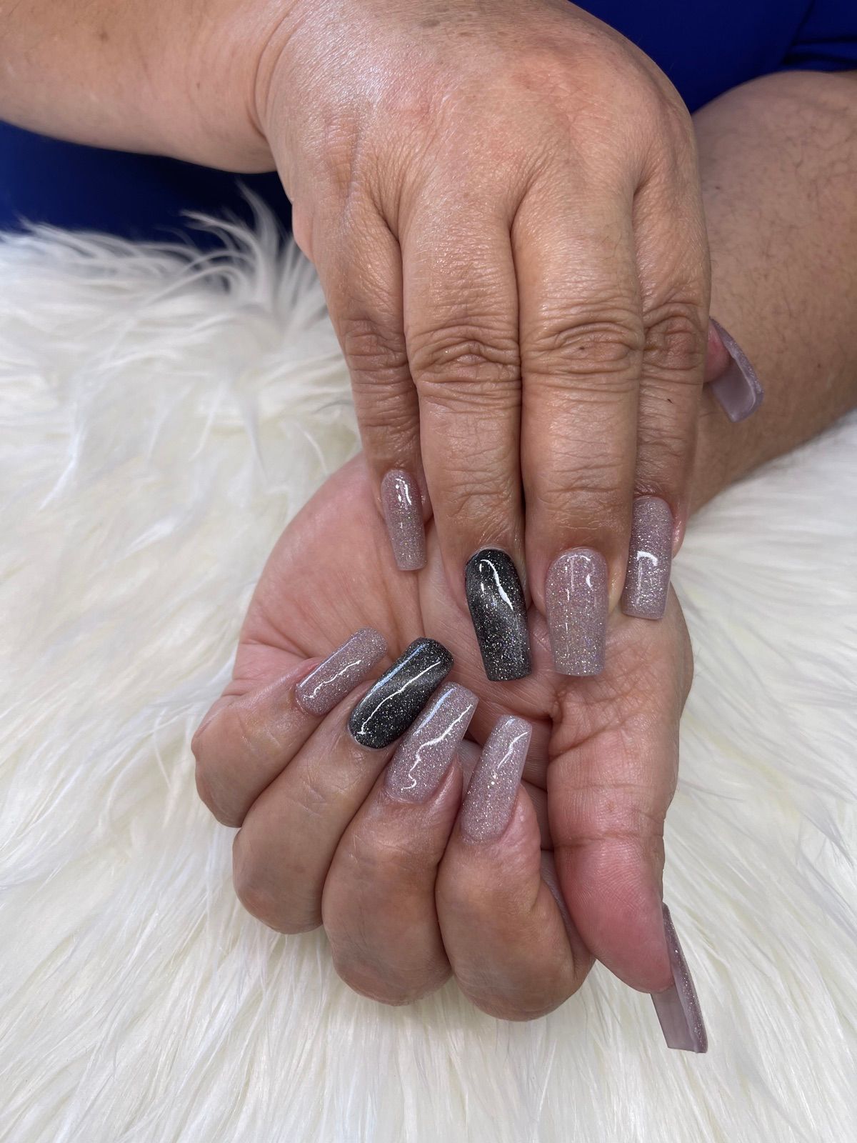 Taupe glitter square nails with black marble accents