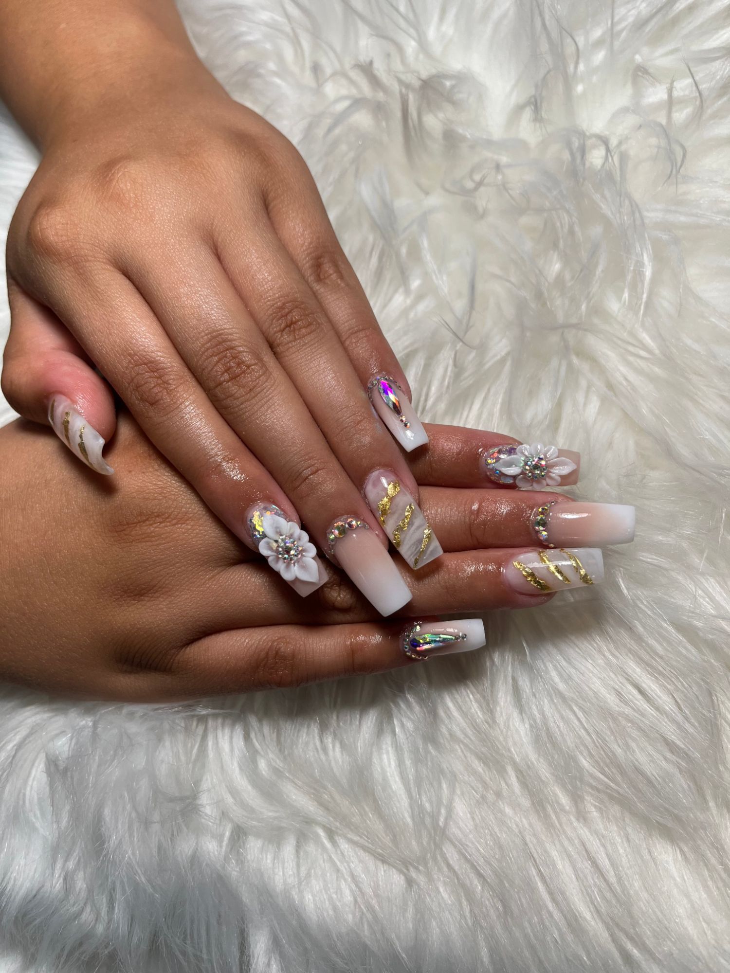 Milky white ombre coffin nails with gold foil, 3D flowers and rhinestones