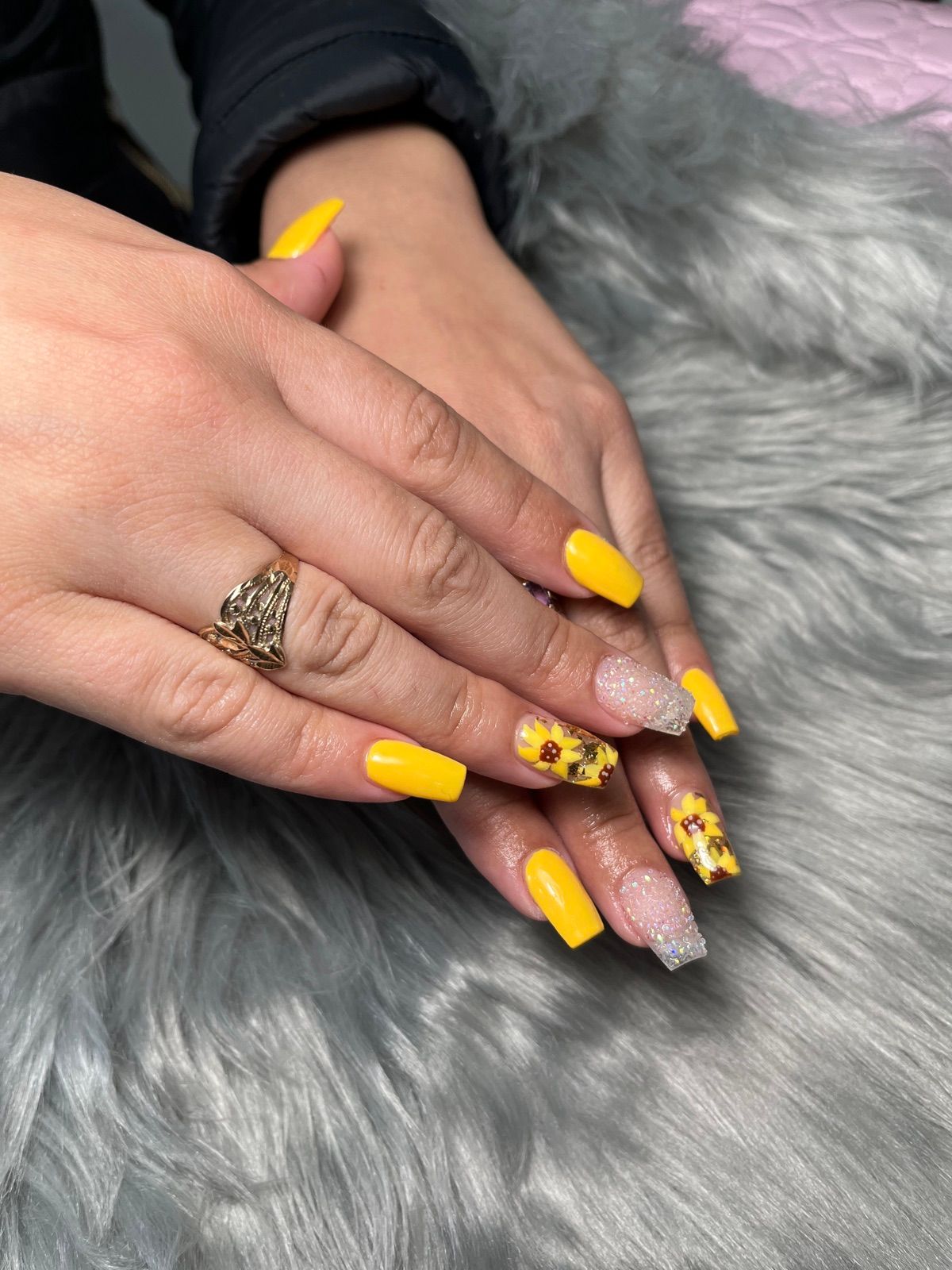 Yellow square nails with hand-painted sunflowers and silver glitter